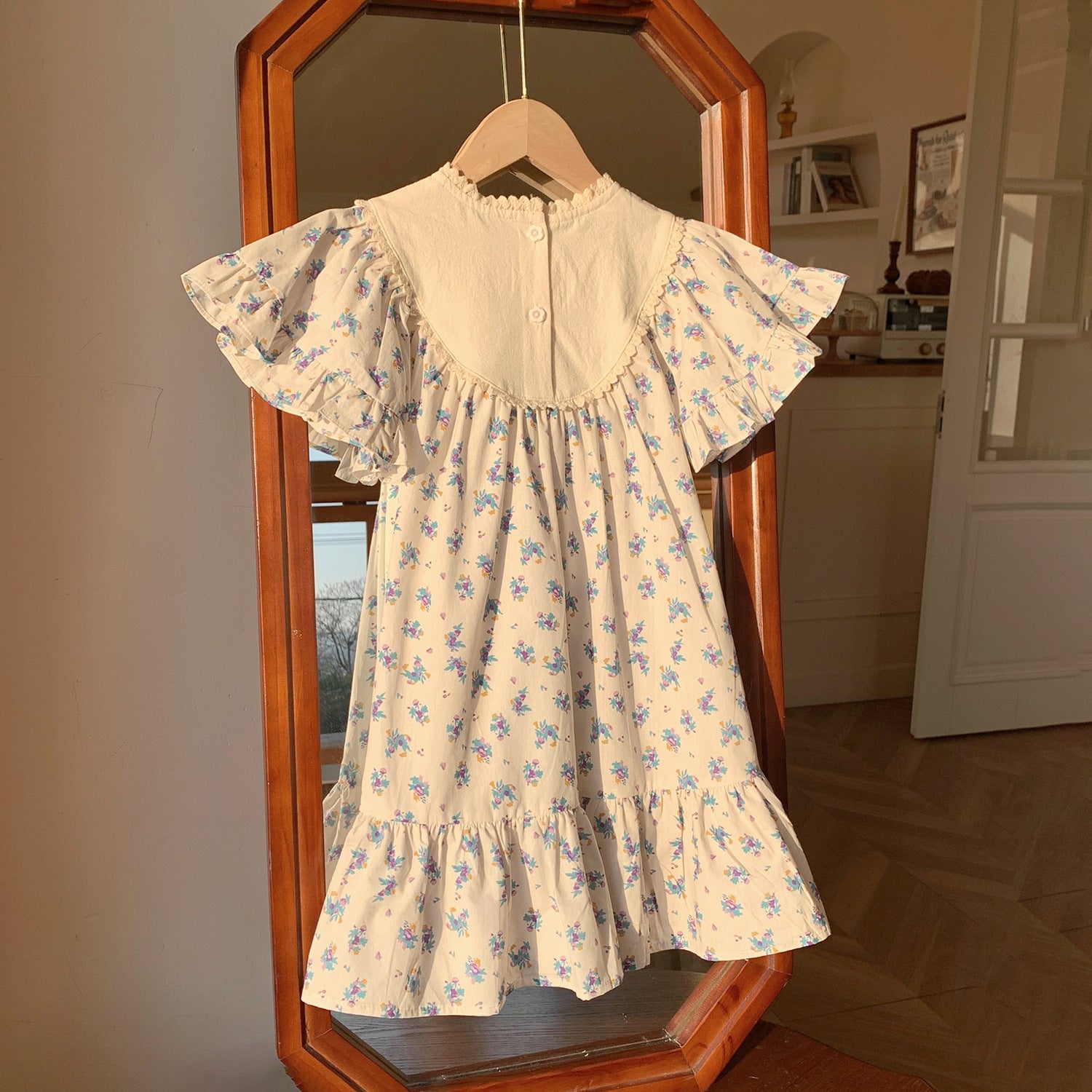 Summer Baby Kids Girls French Short Sleeves Floral Pattern Embroidered and Printed Dress