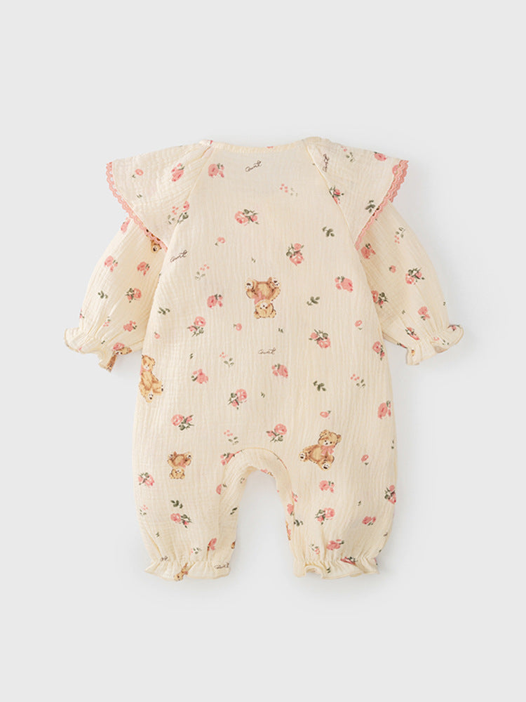 Autumn Arrival Baby Girls Flowers and Teddy Pattern Butterfly Bows Attached Romper
