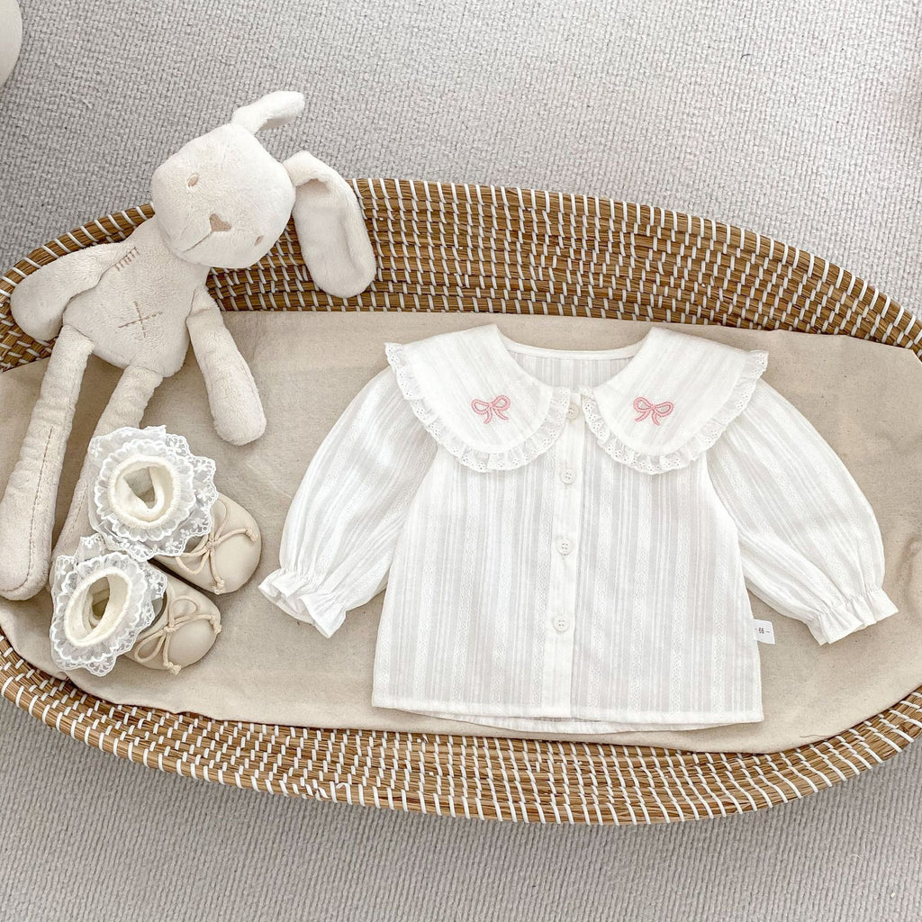 Arrival Spring Girls Long Sleeves Butterfly-Bows Embroidered Collar Top Shirt and Overalls Skirt Set Clothing Set