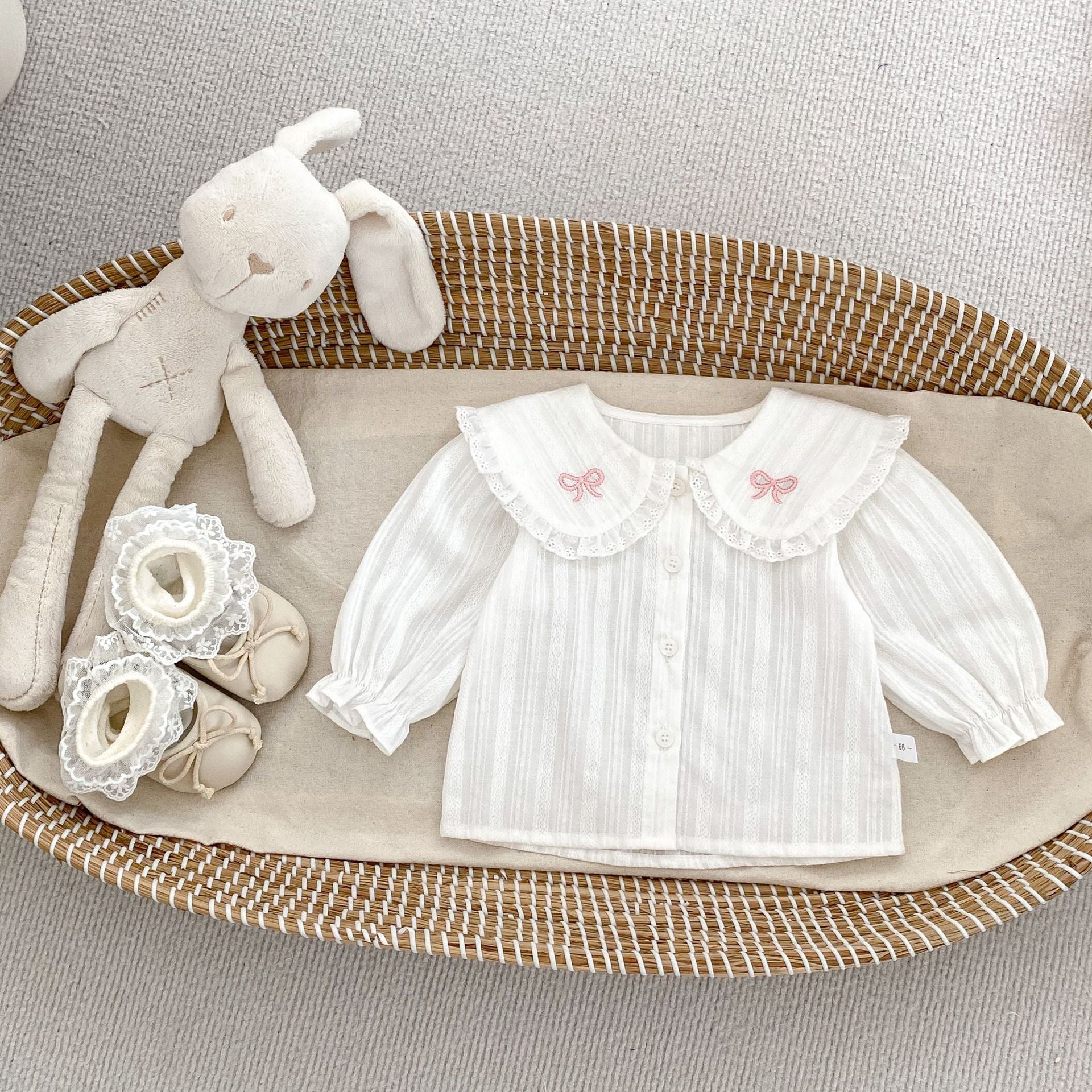 Arrival Spring Girls Long Sleeves Butterfly-Bows Embroidered Collar Top Shirt and Overalls Skirt Set Clothing Set