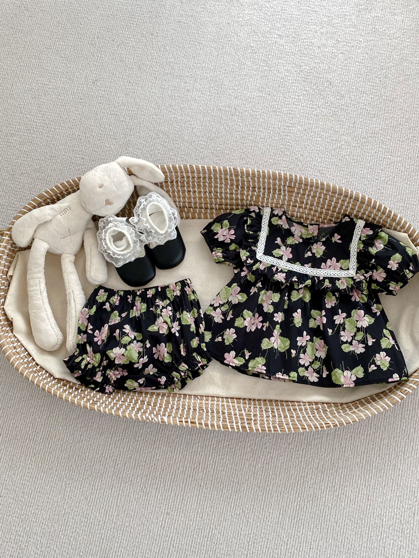 Summer Baby Kids Girls Comfortable Floral Pattern Short Sleeves Dress And Shorts Clothing Set/Onesies