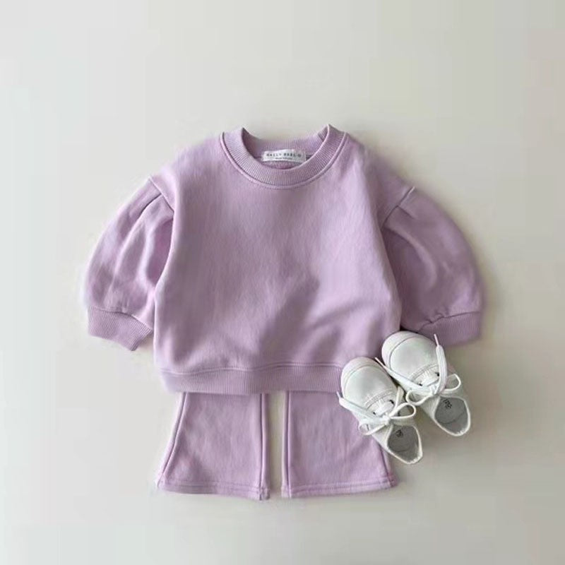 Autumn Baby Kids Unisex Casual Solid Color Long Sleeves Pullover and Flared Pants Clothing Set
