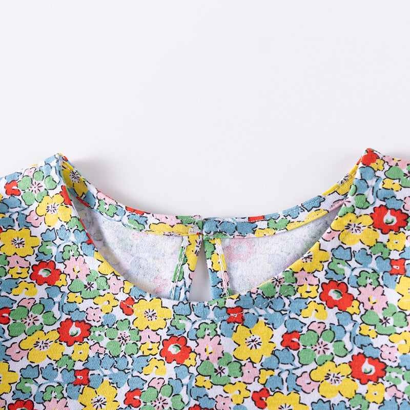 Autumn and Spring Arrival Animals Cartoon and Floral Pattern Long Sleeves Color Patchwork Dress for Stylish Girls