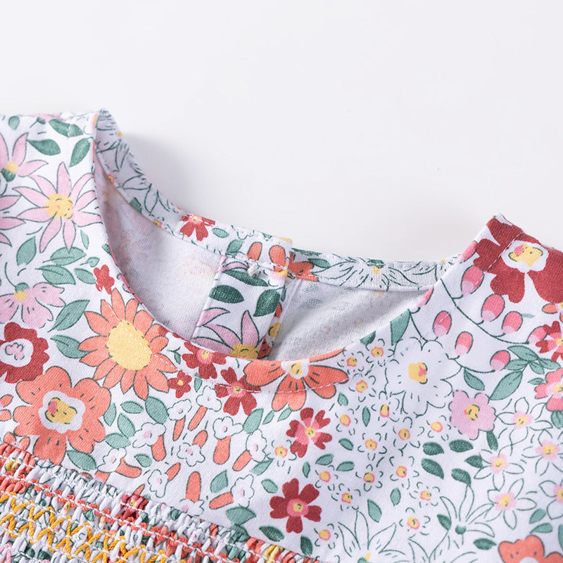 Arrival Autumn Girls Floral Pattern Long Sleeves Crew Neck Dress