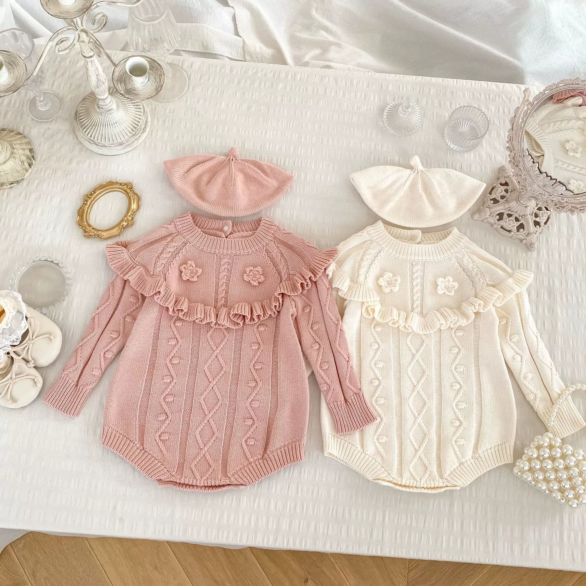 Autumn Arrival Baby Girls Knitted Long Sleeves Geometric Jacquard Pattern Onesies