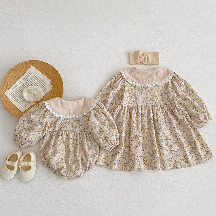 Floral Adorable Baby Turndown Lace Trim Collar Onesies And Girls’ Dress – Princess Sister Matching Set