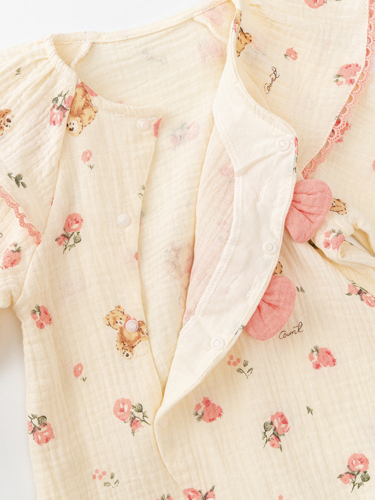 Autumn Arrival Baby Girls Flowers and Teddy Pattern Butterfly Bows Attached Romper