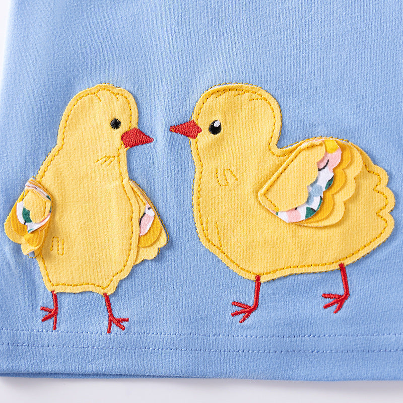 Autumn and Spring Arrival Animals Cartoon and Floral Pattern Long Sleeves Color Patchwork Dress for Stylish Girls