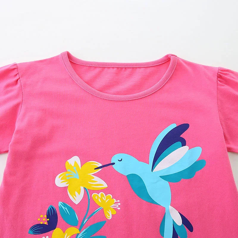 Summer Girls’ Flowers and Bird Cartoon Pattern T-shirt in European and American Style
