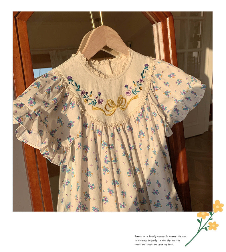 Summer Baby Kids Girls French Short Sleeves Floral Pattern Embroidered and Printed Dress
