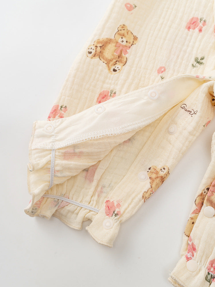 Autumn Arrival Baby Girls Flowers and Teddy Pattern Butterfly Bows Attached Romper