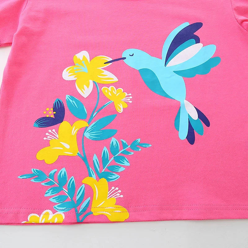 Summer Girls’ Flowers and Bird Cartoon Pattern T-shirt in European and American Style