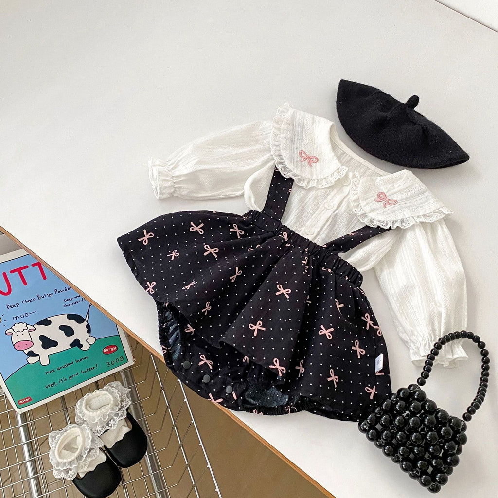 Arrival Spring Girls Long Sleeves Butterfly-Bows Embroidered Collar Top Shirt and Overalls Skirt Set Clothing Set