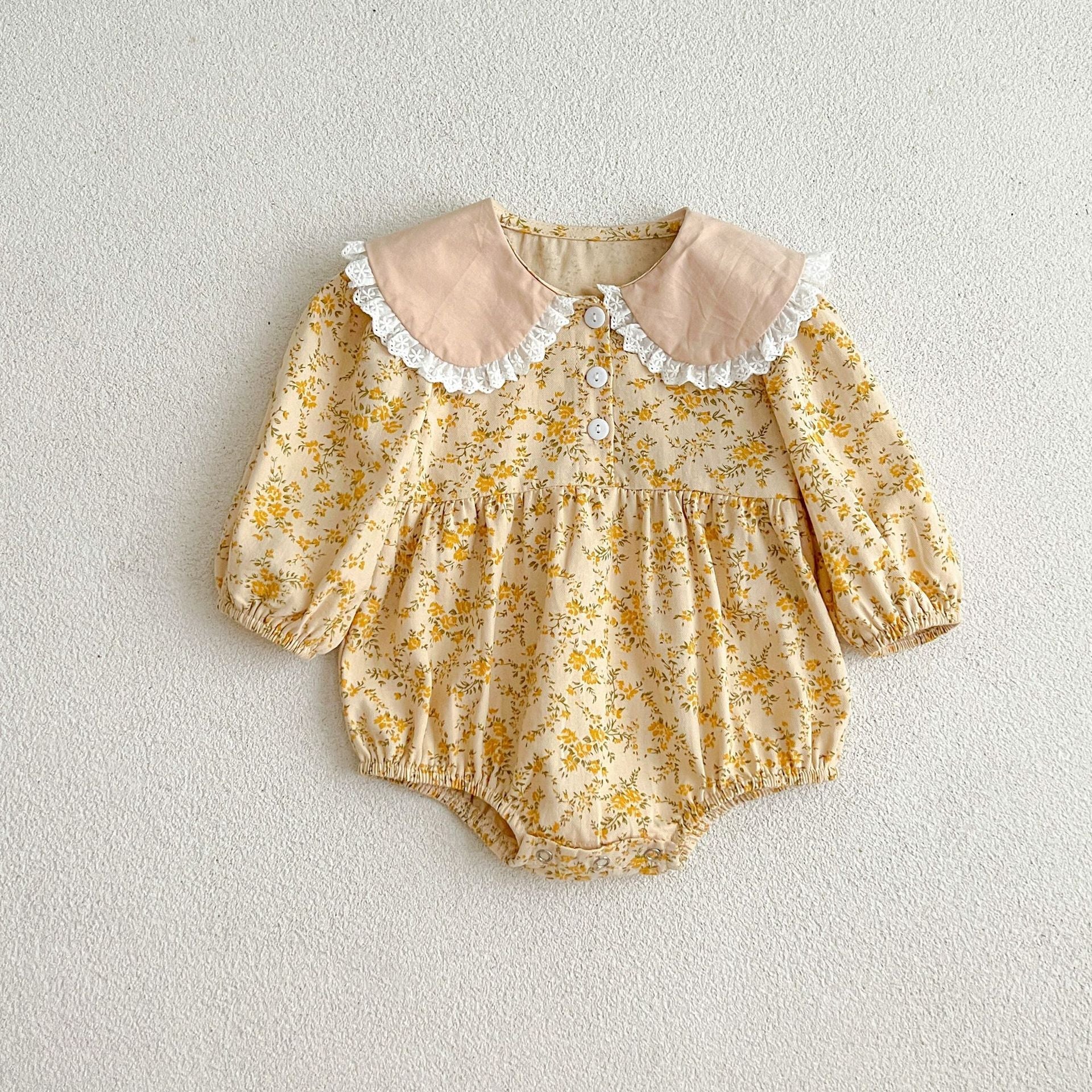 Floral Adorable Baby Turndown Lace Trim Collar Onesies And Girls’ Dress – Princess Sister Matching Set