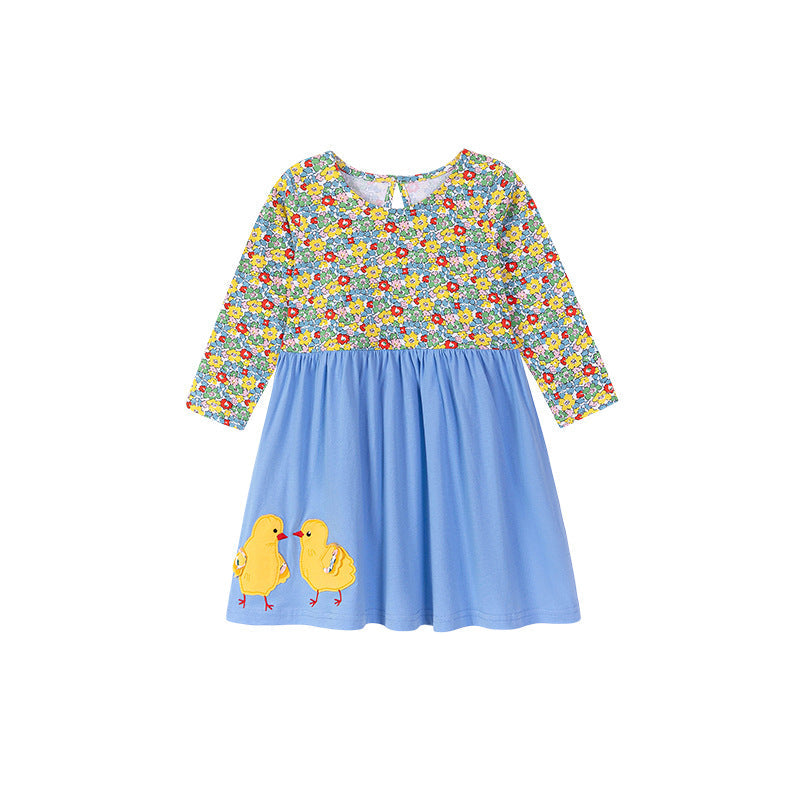 Autumn and Spring Arrival Animals Cartoon and Floral Pattern Long Sleeves Color Patchwork Dress for Stylish Girls