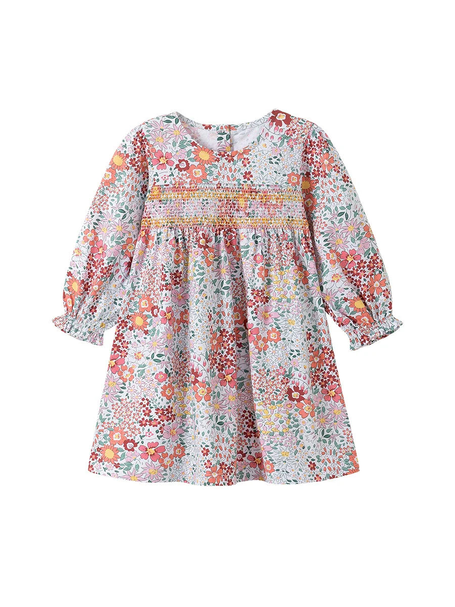 Arrival Autumn Girls Floral Pattern Long Sleeves Crew Neck Dress