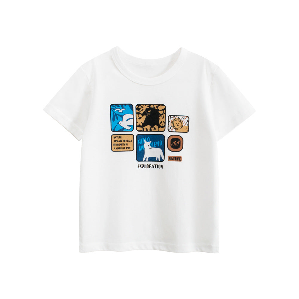 Summer Boys’ Animals Cartoon and Letters Pattern T-shirt in European and American Style