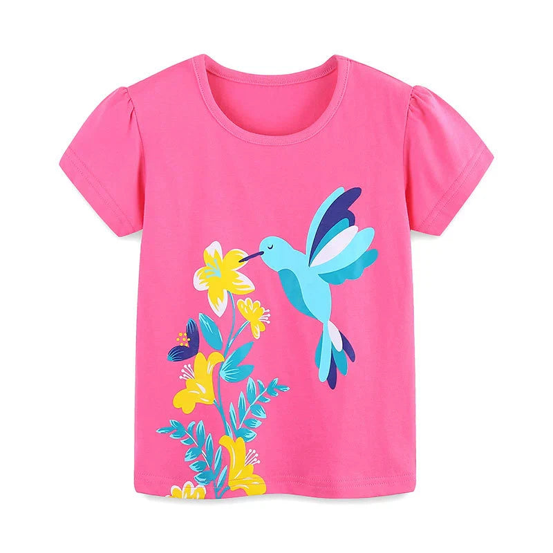 Summer Girls’ Flowers and Bird Cartoon Pattern T-shirt in European and American Style