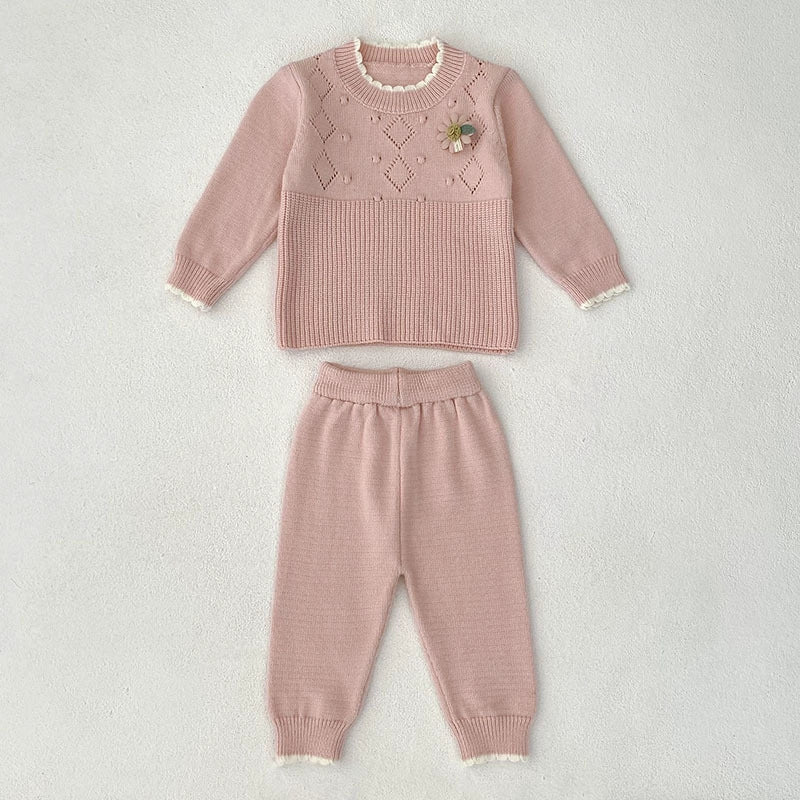 Arrival Autumn Baby Girls Long Sleeves Geometric Pattern Knitted Top Sweater and Long Trousers Clothing Set