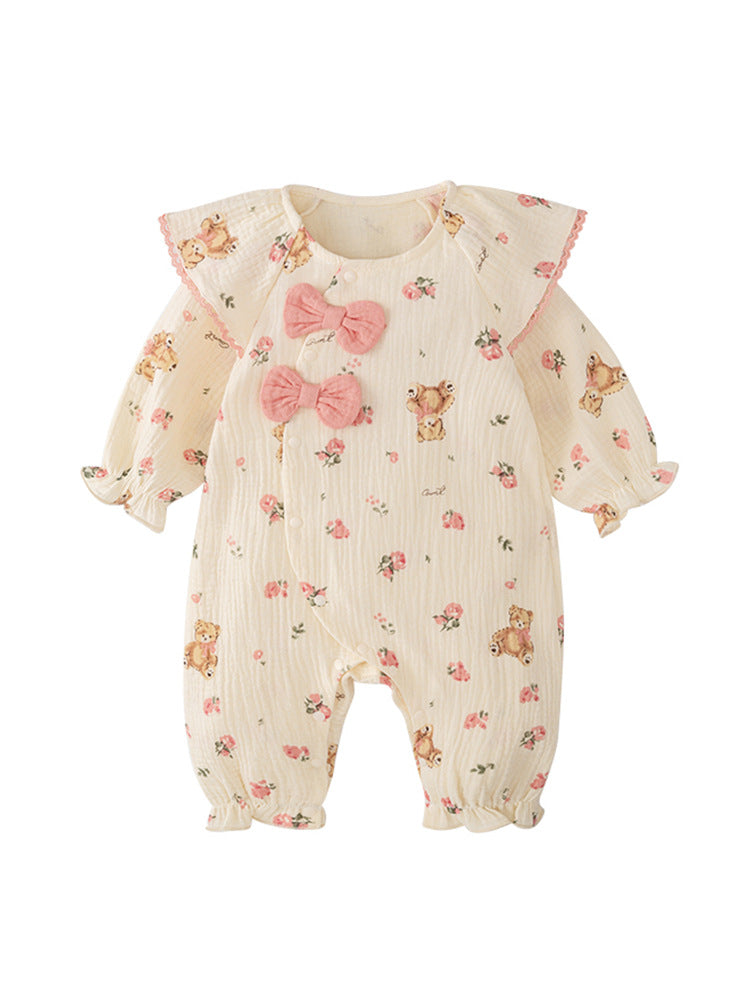 Autumn Arrival Baby Girls Flowers and Teddy Pattern Butterfly Bows Attached Romper
