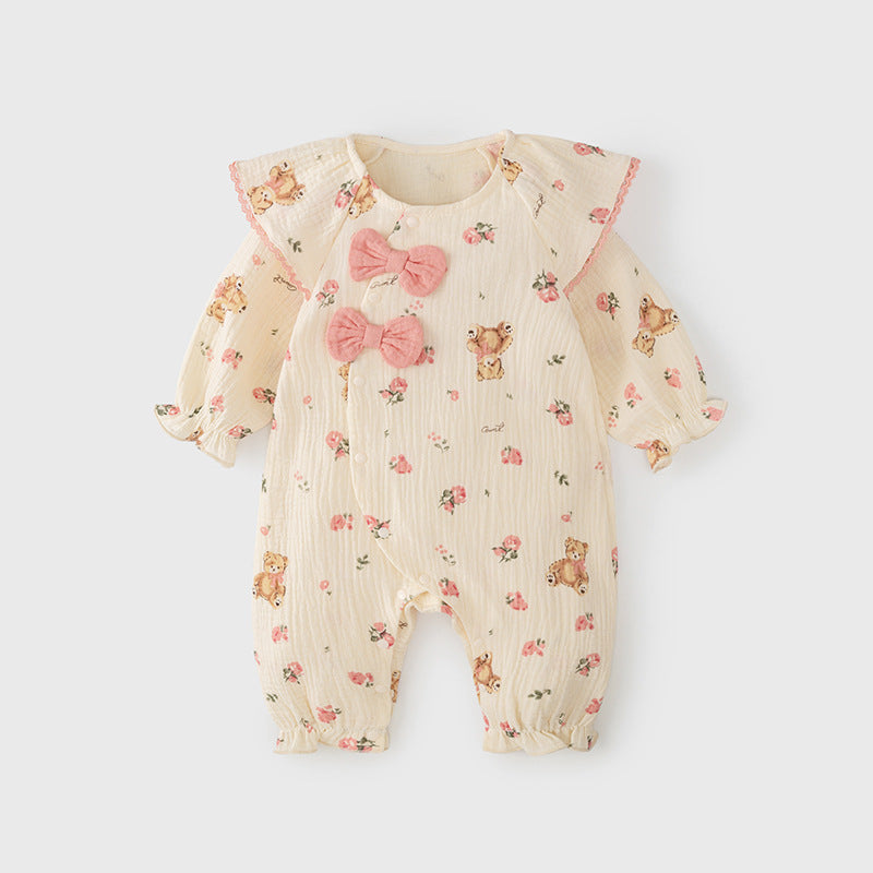Autumn Arrival Baby Girls Flowers and Teddy Pattern Butterfly Bows Attached Romper
