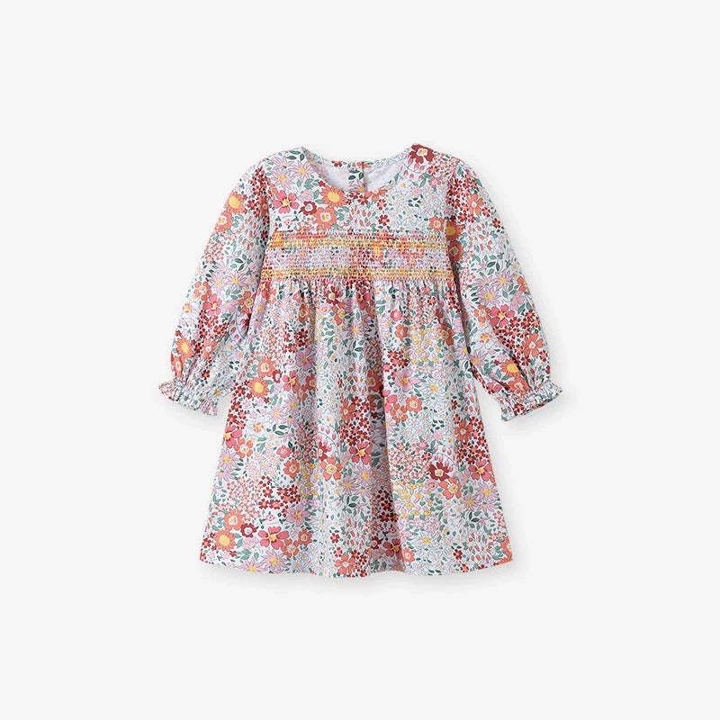 Arrival Autumn Girls Floral Pattern Long Sleeves Crew Neck Dress