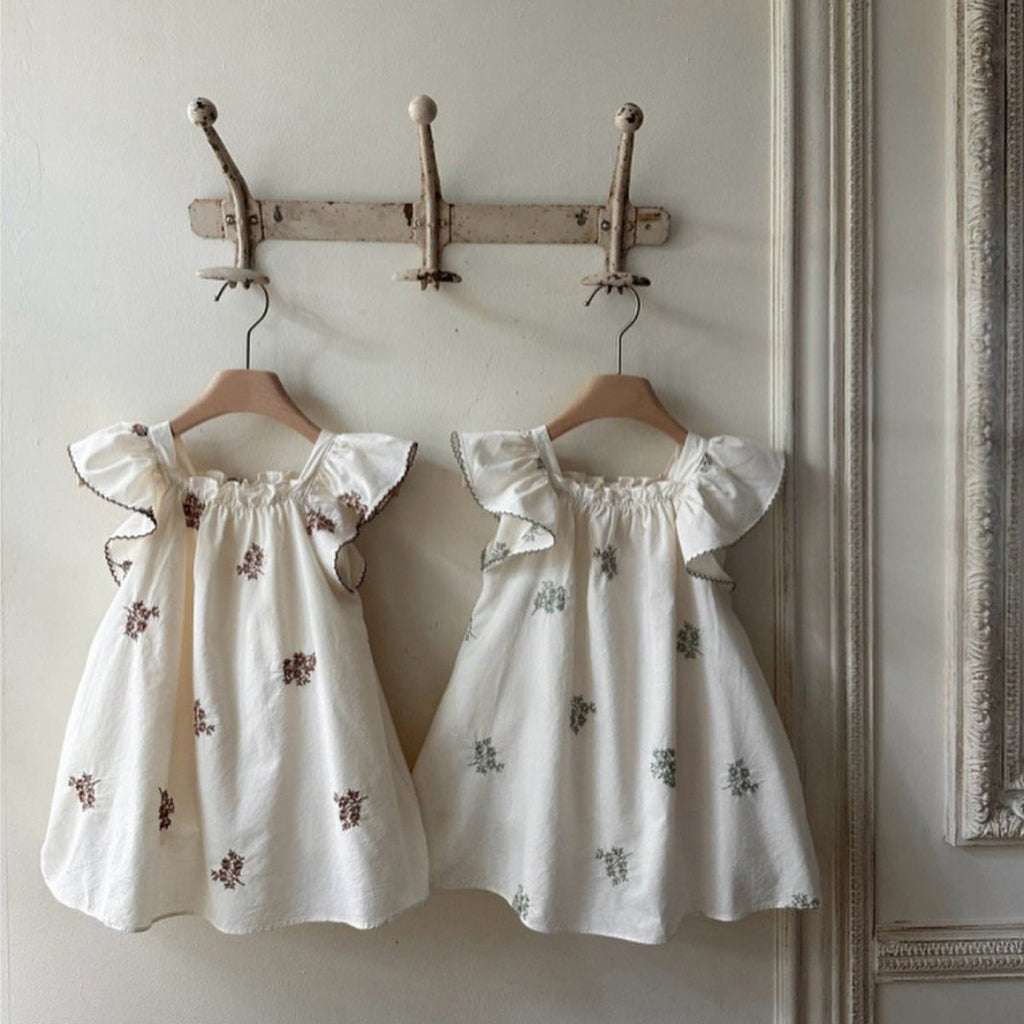 Summer Hot Selling Baby Kids Girls Fly Sleeves Flowers Pattern Embroidered Princess Dress