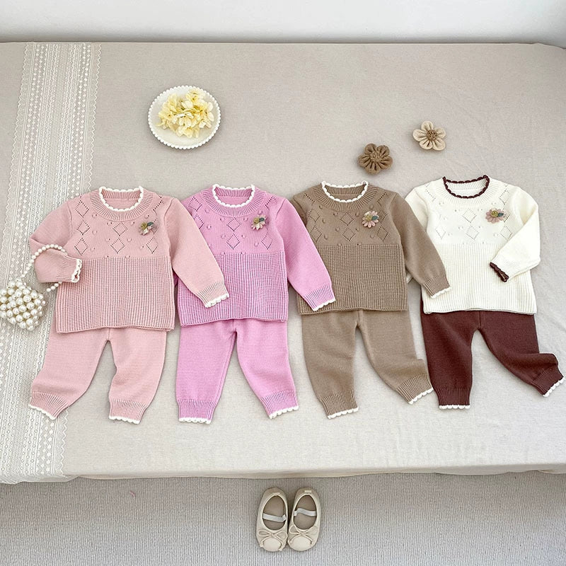 Arrival Autumn Baby Girls Long Sleeves Geometric Pattern Knitted Top Sweater and Long Trousers Clothing Set