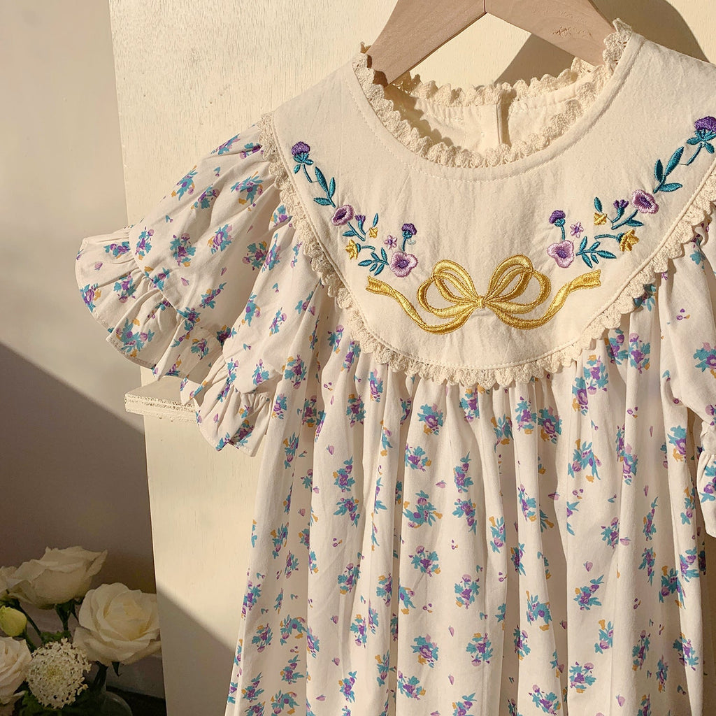 Summer Baby Kids Girls French Short Sleeves Floral Pattern Embroidered and Printed Dress