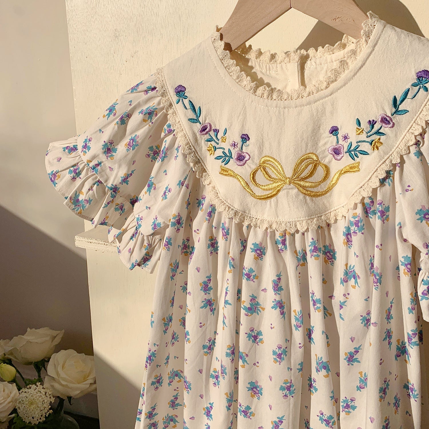 Summer Baby Kids Girls French Short Sleeves Floral Pattern Embroidered and Printed Dress