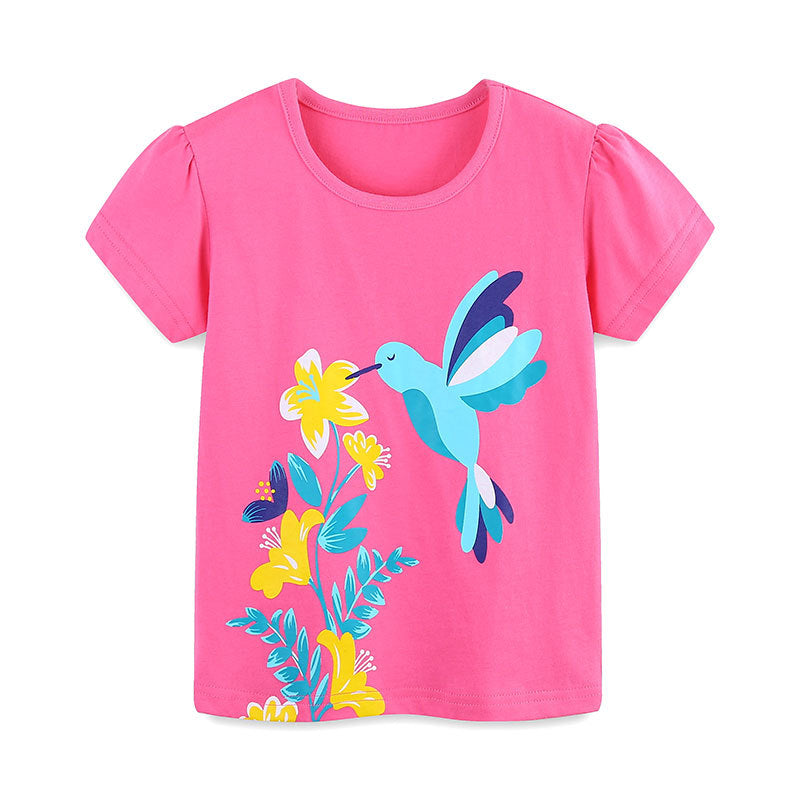 Summer Girls’ Flowers and Bird Cartoon Pattern T-shirt in European and American Style