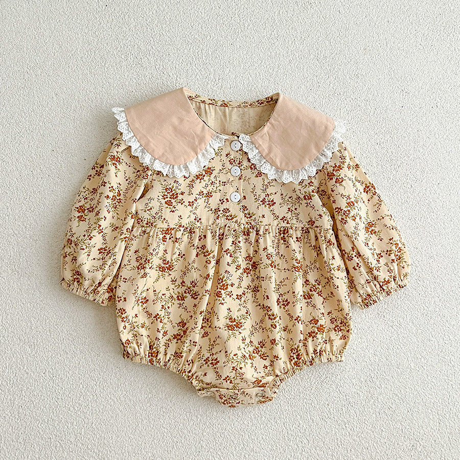 Floral Adorable Baby Turndown Lace Trim Collar Onesies And Girls’ Dress – Princess Sister Matching Set